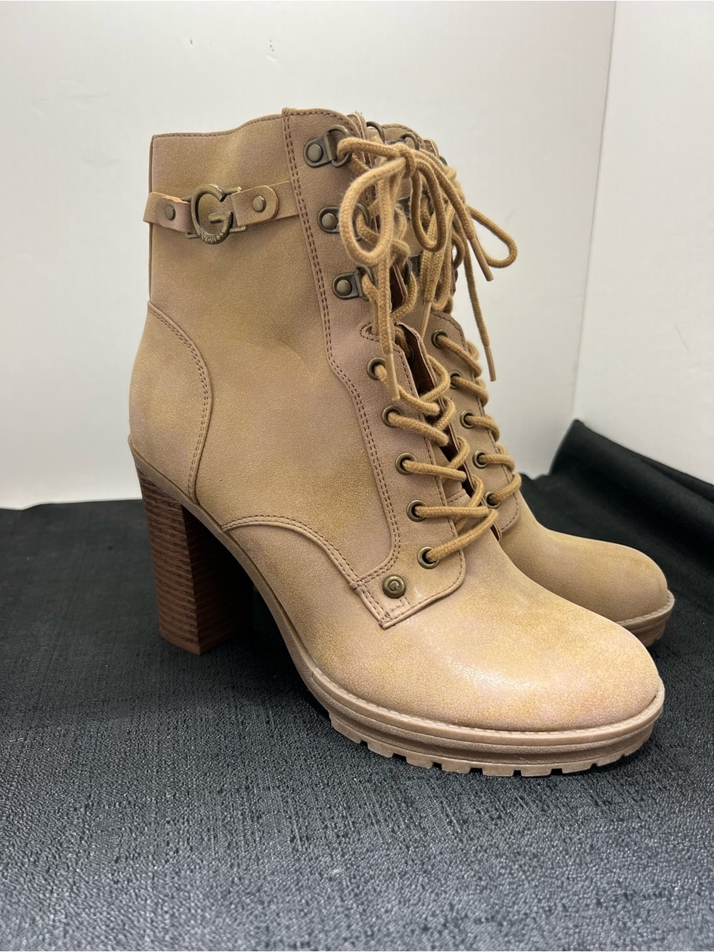 New Guess Women's Boots Tan/Brown Lace Up & Zip Up Block Heel